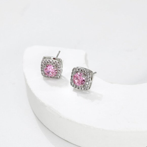 Women's Light Pink Square Simulated Dainty Diamond Halo Sparkling Stud Earring - Picture 5 of 8